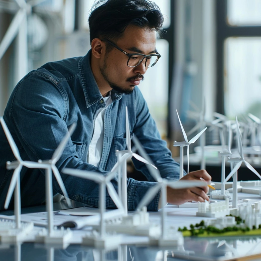 Renewable energy engineer working on wind power project planning and clean energy design