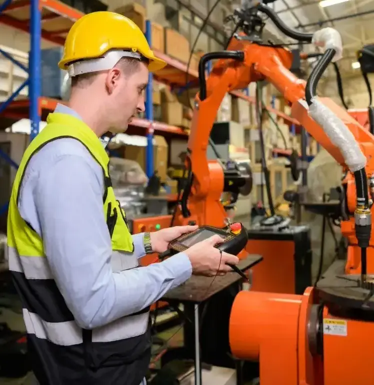 Automation engineer programming an industrial robotic arm in a smart manufacturing facility