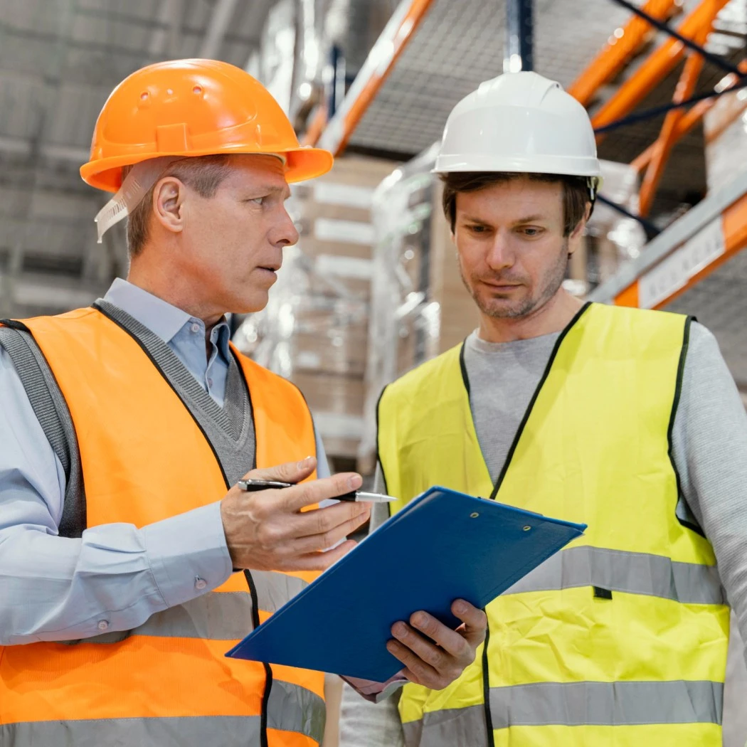 Factory compliance consultants reviewing safety checklist in industrial facility