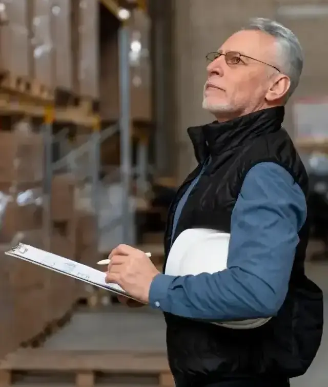 Factory compliance inspector reviewing safety checklist in industrial facility