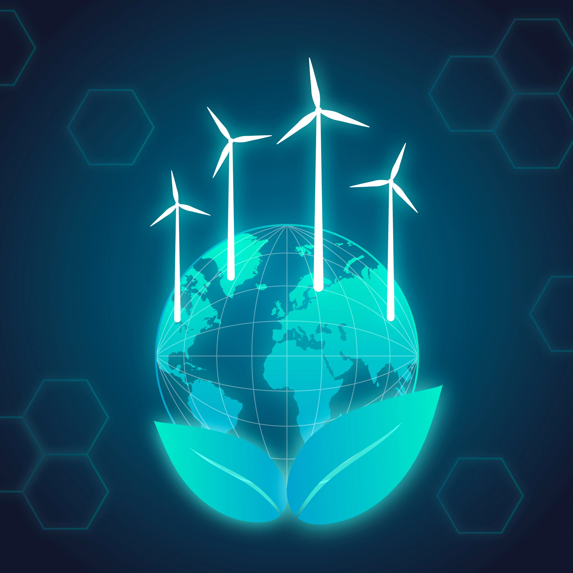Wind turbines above a globe with green leaves representing renewable energy engineering, clean power projects, and renewable energy workforce recruitment.