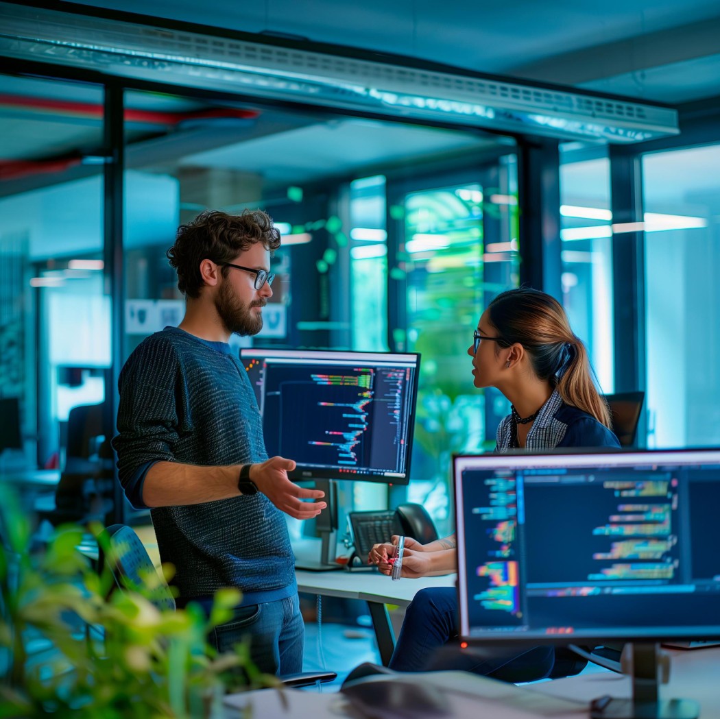 AI Developers Collaborating in a Modern Tech Workspace